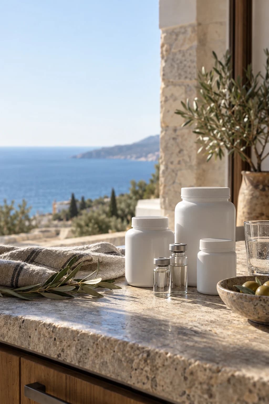 Unlabelled pharmacy bottles and vials on a stone counter
