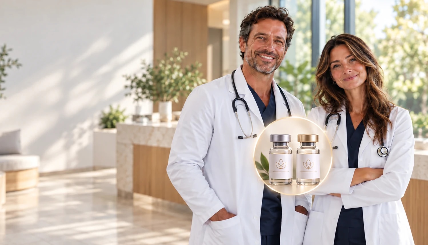 Two clinicians in white coats in a bright, modern clinic, with two illustrative medication vials shown in a glowing circle between them