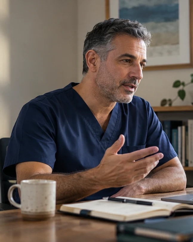 A clinician at his desk, mid-sentence during a consultation