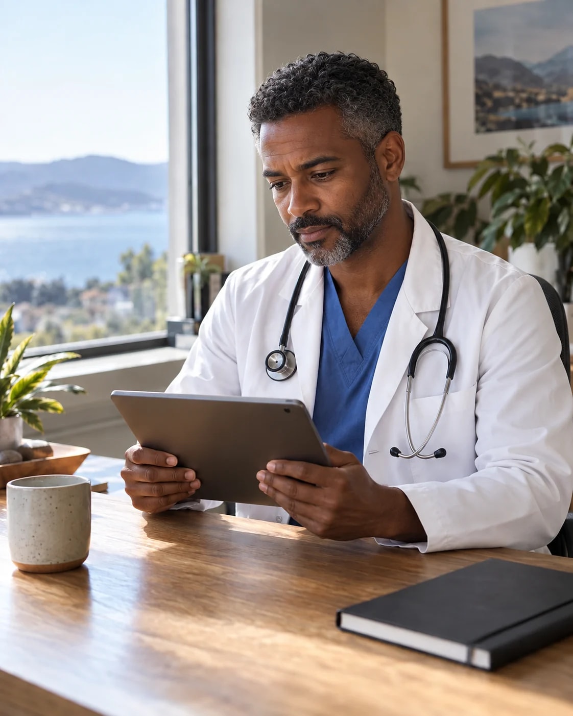 A licensed provider reading a patient's history at his desk